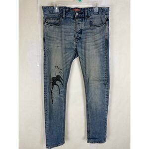 Topman stretch skinny fit Oil Splatter faded blue jeans Size 32 Streetwear Retro